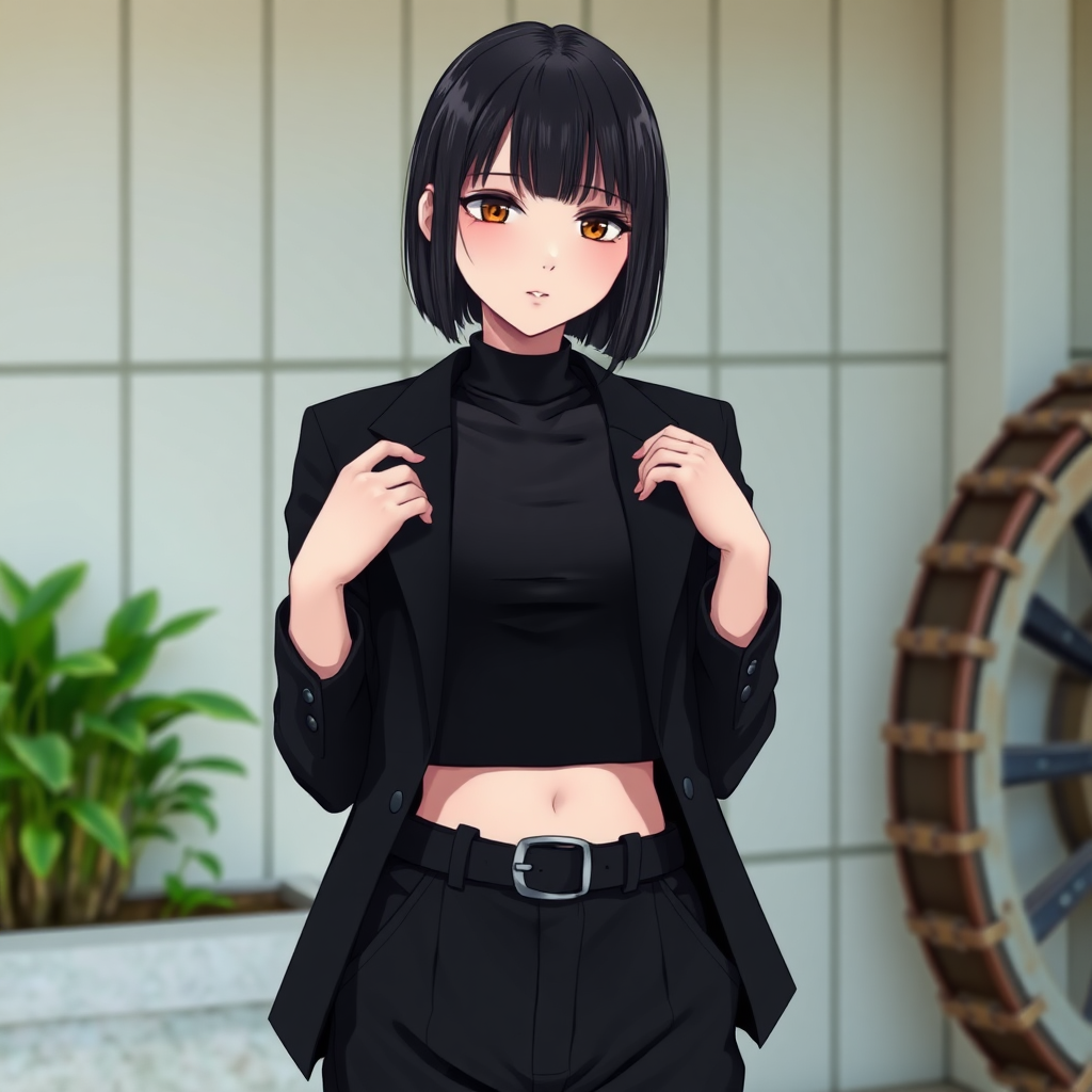 anime style This is a high-resolution photograph featuring a young woman with a pale complexion and a slender physique. She has a sleek, bob-cut hairstyle with straight, jet-black hair that frames her face. Her makeup is minimal, with a focus on a natural look. She is dressed in a stylish, monochromatic outfit consisting of a black, high-necked crop top and a fitted black blazer. The blazer has a modern, tailored cut with a slight shoulder pad, and it is fastened with a belt at the waist. She is also wearing black pants that are slightly baggy, giving a modern, edgy vibe to her outfit.

The woman is adjusting her black gloves, which she holds in both hands, suggesting she might be getting ready for a role or a cosplay event. Her expression is neutral, with a slight downward gaze. In the background, there is a light-colored, panelled wall with a hint of greenery visible through the panels, suggesting an outdoor setting, possibly a garden or patio area. There is also a large, metal wheel visible on the right side of the image, adding an industrial touch to the scene. The overall mood of the photograph is modern and chic.