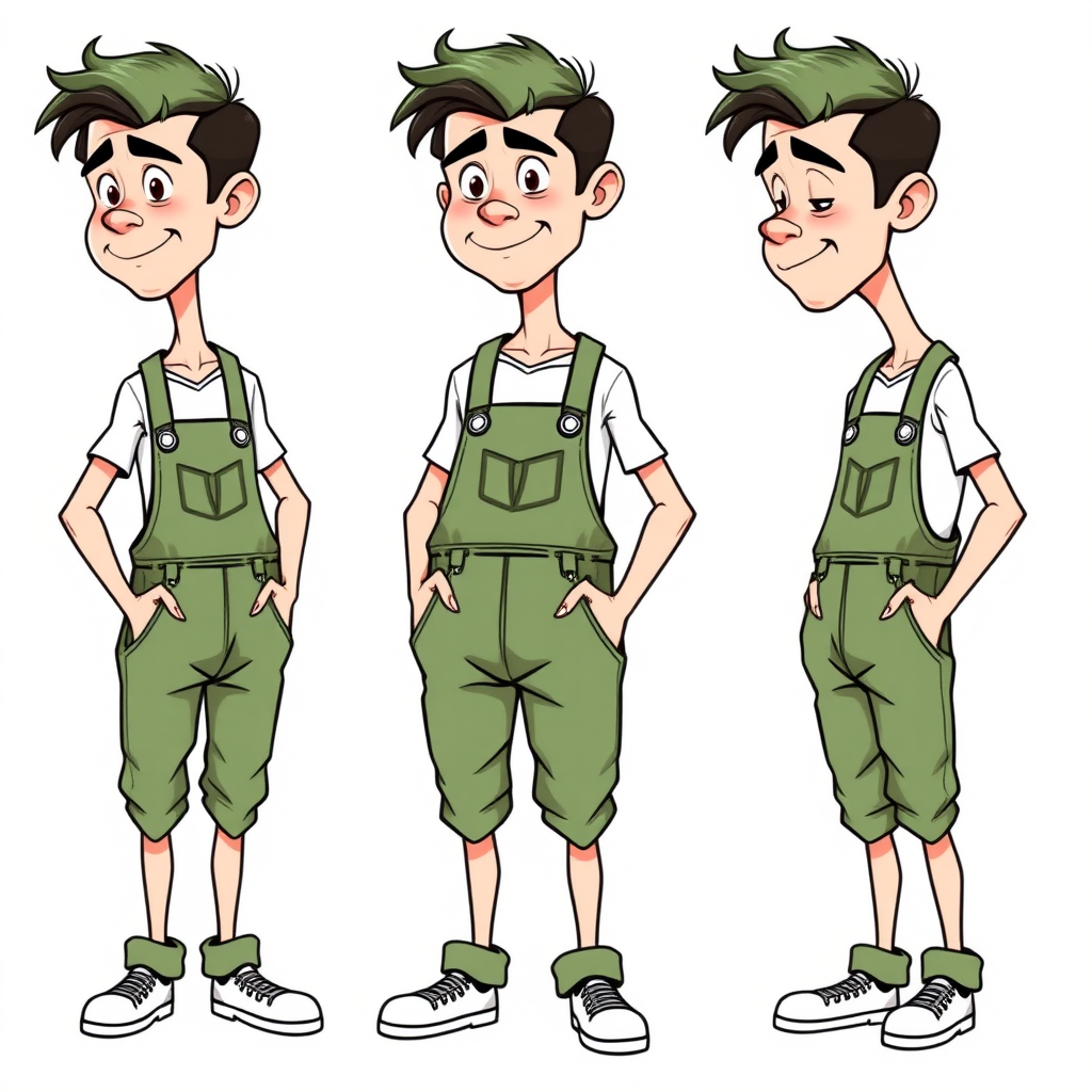 multiple views with progression, character design sheet, blushing shy nervous small 20 year old european skinny man wearing green work overalls is trying to hide his excitement, bulge, 
long establishing shot, 2D, caricature, cartoon, Sketch lines, coloring book, nlack and white, coloring book style on white background, well composed, clean coloring book page, No dither, no gradient, strong outline, No fill, No solids, vector illustration, side view, vector illustration, empty space around each view