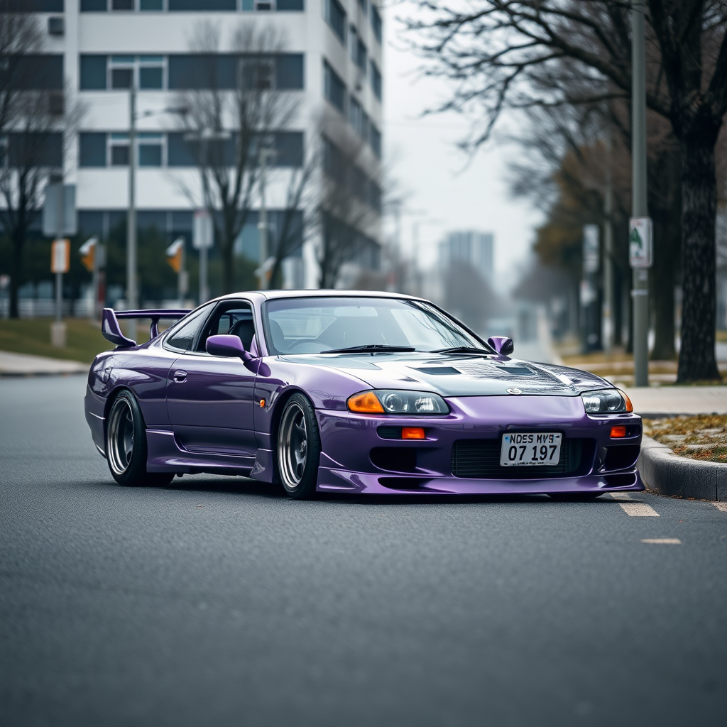 camelonn purple nissan silvia s14 the car is parked on the side of the road, inspired by Taiyō Matsumoto, tumblr, restomod, nd4, c4 cold colors