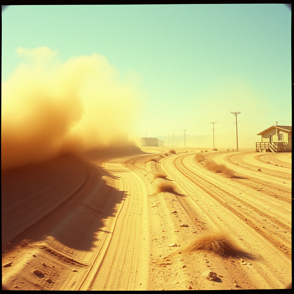 Highly detailed Kodachrome color real surrealist photograph from 1974 of The wind is blowing harder now Blowing dust into my eyes