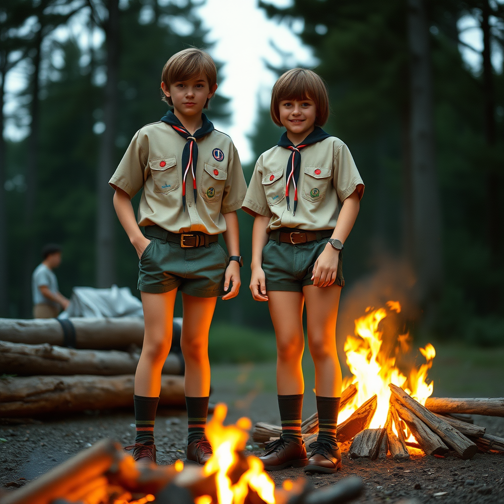 Two tall 14-year-old teen boys, bob cut, wearing American Boy Scout uniform with uniform matching very tight booty shorts, tube socks, shoes, long legs, narrow thighs. A campfire. Full-length view. 1980s. Photorealistic, ultra high resolution, 16K. Negative: grainy, blurry, bad anatomy, extra limbs, watermark.