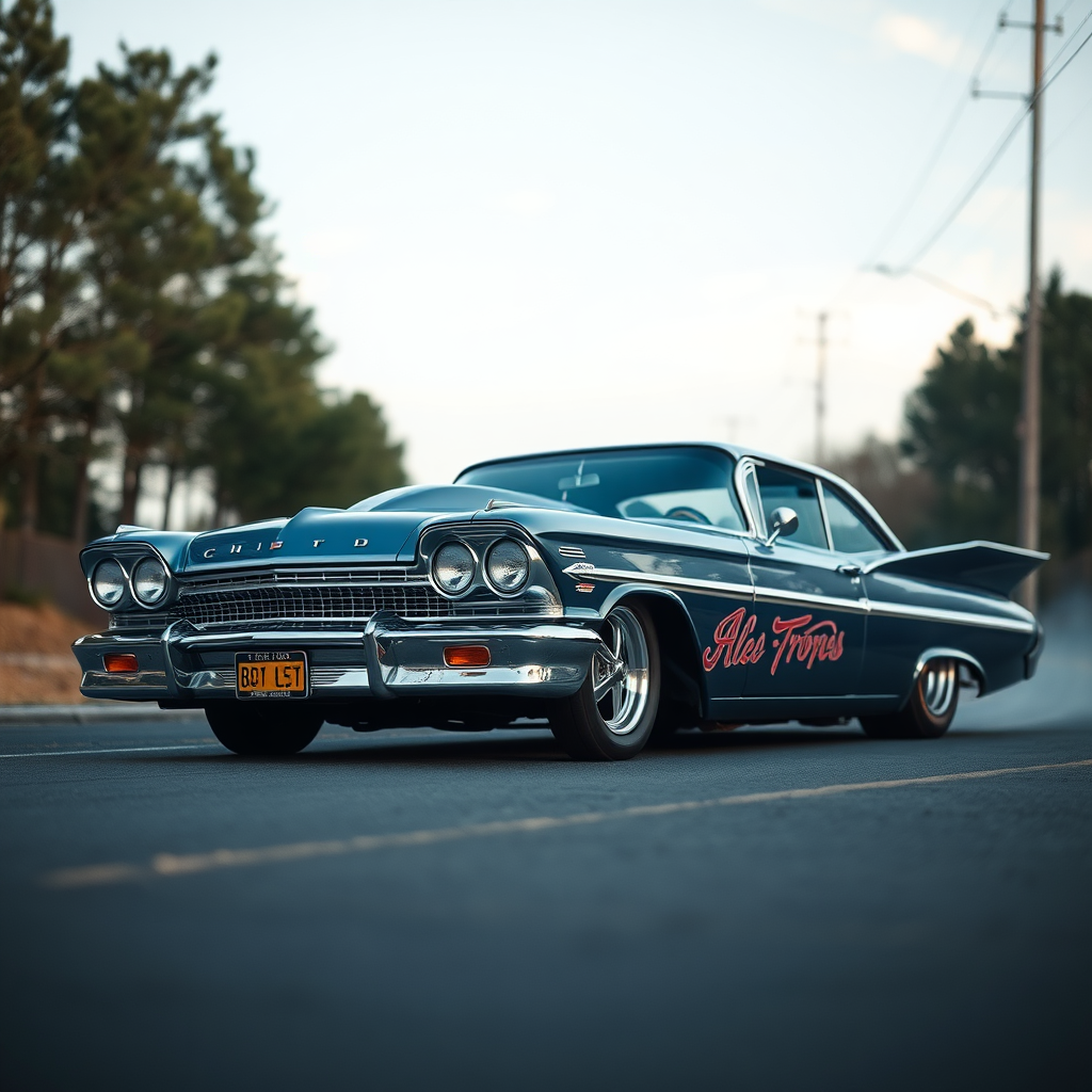 The drag car is parked on the side of the road, inspired by Taiyō Matsumoto, tumblr, restomod, nd4, c4 metallic shine classic american low rider custom paint ford alev desenler