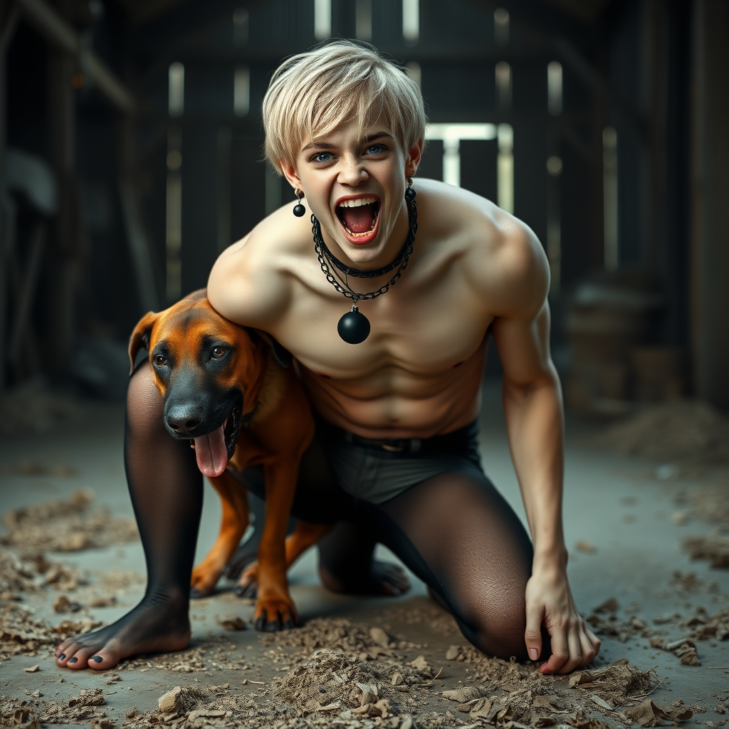 photorealistic, ultra high resolution, 16K, surreal fantasy, soft studio lighting, Caleb Swift is a pretty 16 year old goth male, slim male physique, blonde hair, blue eyes, goth makeup, earrings, sheer black pantyhose, spiky neck collar with chain, kneeling and leaning forward on the floor of the barn while his large dog rests its front legs on Caleb's back, during daytime, excited open mouth smile, small black ball-gag, drooling a stream of saliva from his mouth, bulging crotch, facing the camera.