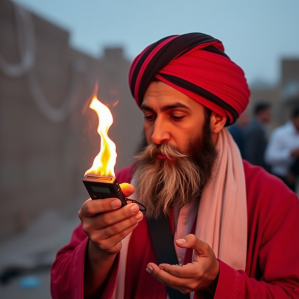 religious Lebanese Islamic guy wearing a turban holds a burning beeper pager and blowing on it (trying to shut the fire down)