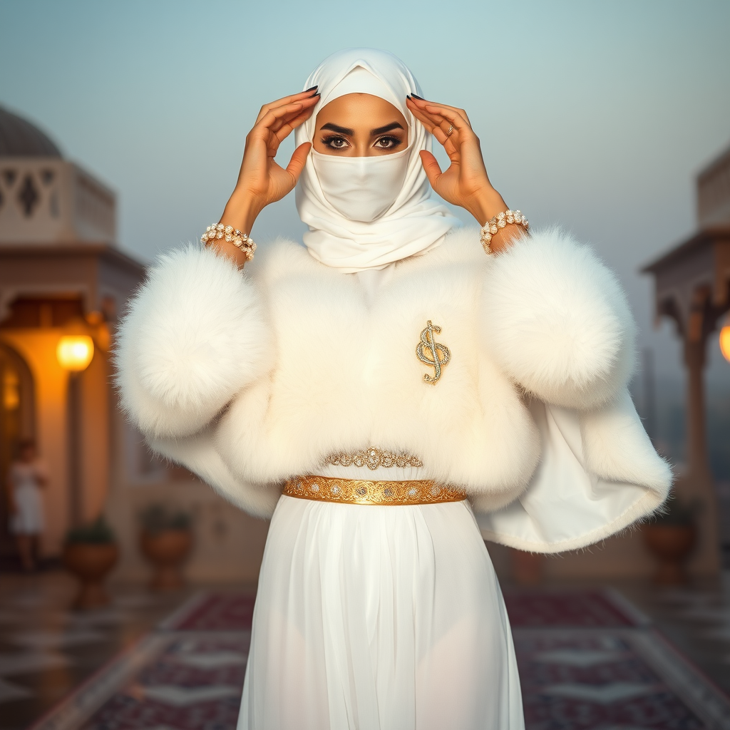 Kuwait desert palace harem patio misty dawn: Melissa, European 17 years old very convincing femboy “trophy-bimbo”, tamed servile docile, very beautiful feminine flawless face, rather short, by hormones very curvaceous womanly figured, heavily made-up eyes, wearing Supertanya-style fluffy very fuzzy bright white angora turtleneck-poncho cropped ending under bust decorated with pearls and gemstones, striking oriental wide gold bridal protection belt, white fully transparent harem pants, full Oriental bridal jewelry, face covered by white sheer full Burka, coin anklets, striking diamond “$$$” letter brooch on left chest, pout frustrated, seductively dancing hands over her head, looking at camera. Full view.