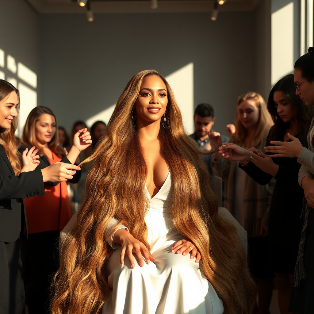 In an elegant, sunlit salon, adorned with soft, minimalistic decor, the stunning Beyoncé sits gracefully in a plush chair, her incredibly long, luxurious hair cascading like a flowing waterfall of silk down her shoulders and past her waist. The gentle glow of overhead lights highlights the rich, deep hues of her hair, each strand reflecting the brilliance of the space around her.

As an interactive long hair fetish performance art exhibit unfolds, curious visitors gather around, their eyes alight with fascination and excitement. Some eagerly reach out, gently grasping her hair between their fingers, feeling the smooth texture slip through their hands, while others playfully tug at it, testing the boundaries of their interactions. Each movement is accompanied by a symphony of soft gasps and murmurs of appreciation, enhancing the atmosphere of intimacy and connection.

The background is a simple, unobtrusive gray, allowing the artistry of the moment to take center stage. The air is charged with a sense of wonder and exploration, as visitors not only admire Beyoncé's hair but also engage in this tactile experience, deepening their understanding of the artistry behind her presence. Her expression is a mixture of serenity and playful engagement, reflecting her comfort and trust in this unique performance, ultimately creating a captivating scene where art and audience intertwine seamlessly.