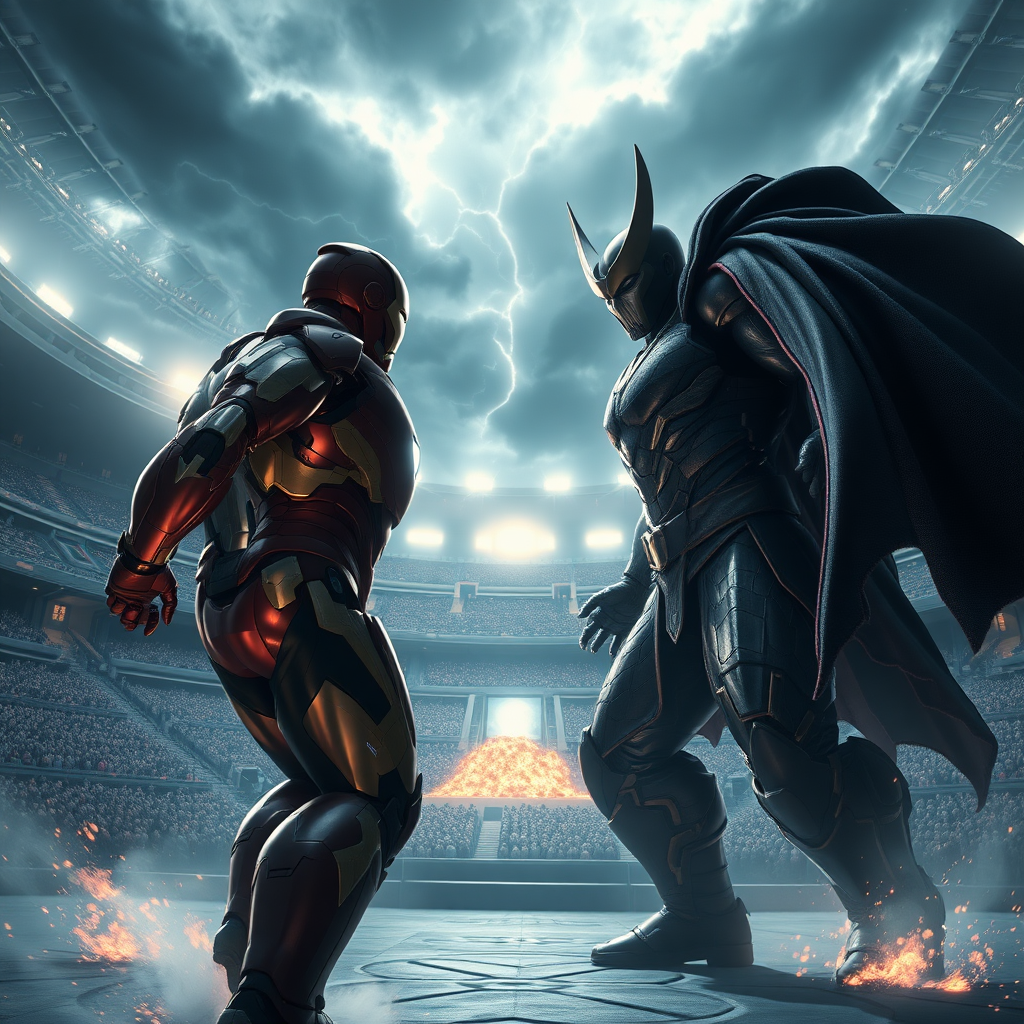 In the center of a vast stadium, Iron Man faces off in a fierce battle with Darkseid. The 3D rendered image is stunningly photorealistic, every detail brought vividly to life. A magical, ethereal glow surrounds the scene, casting intricate dramatic shadows on the combatants beneath a stormy sky. The impeccable quality of the rendering immerses viewers in the epic clash between these legendary figures, creating a truly mesmerizing visual experience.