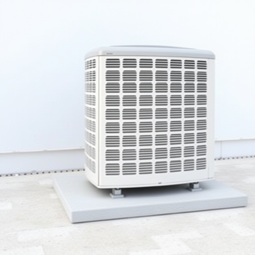 A simple, realistic image of a standard residential outdoor air conditioning unit or condenser. The unit should be placed on a flat surface, such as a concrete pad. The unit should be a neutral color like white, beige, or gray. The image should have a plain, uncluttered background to serve as a generic stock photo. The image should not contain any text.