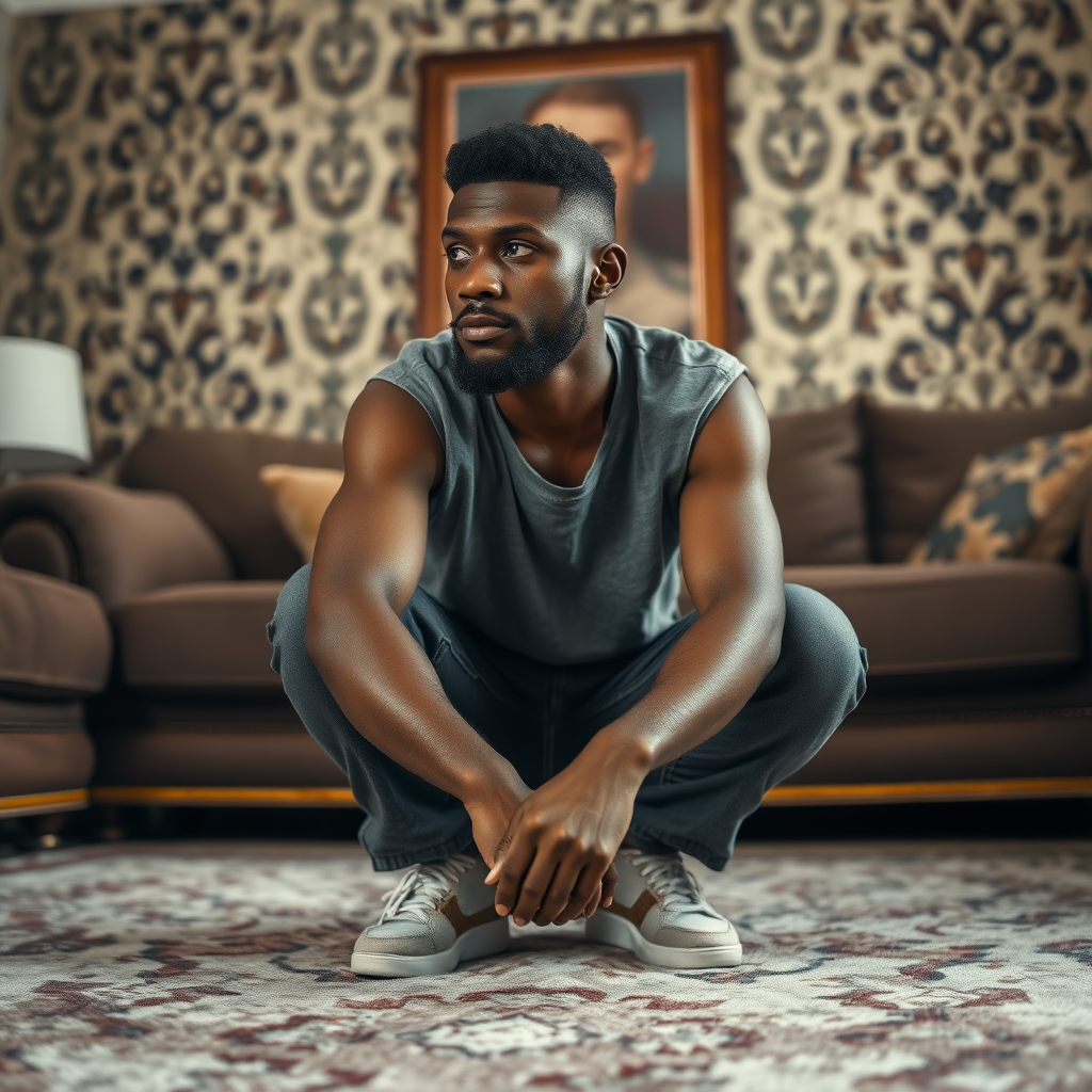 (((amateur iphone photography))), a person, highly detailed short man squatting casually on a carpet in living room, realistic, he has buzzcut hairstyle, black curly dense hair type, receding hairline on his temples, M shaped hairline, his neck is short, dark skin Austronesians descendant, thick beard, no moustache, slight motion blur, jpeg artifacts, high contrast, on flickr in 2007, 2005 blog, snapchat photo, intricate highly detailed background, grainy, noise, wearing casual clothes, wide shot, high contrast