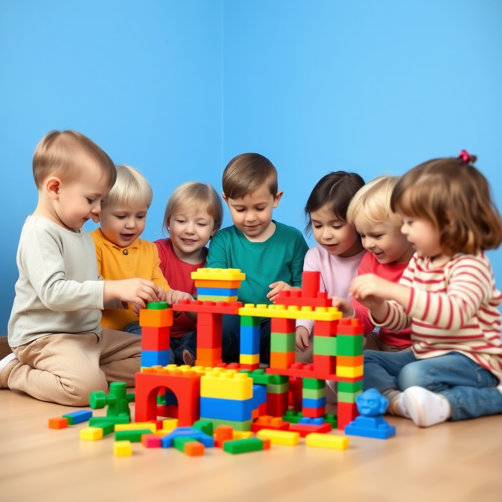 A group of 5 children with different body shapes playing with toy building blocks, age of children should be 10 years old, and the room in which they are playing should have blue color walls.