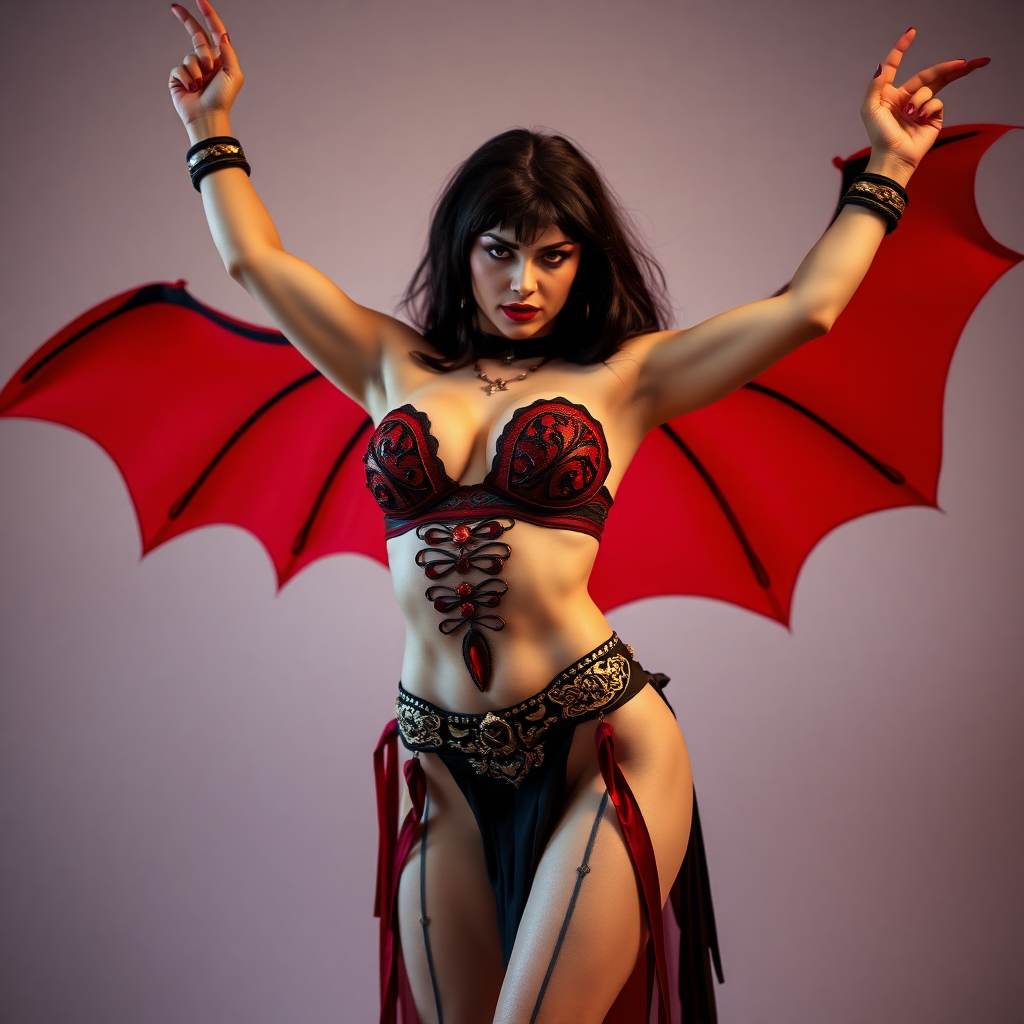 imagine: Vampirella both arms up menacingly at the viewer intensely with one arm up high in the air. She's wearing a Vampirella themed skimpy belly dancing outfit with insane detailing. Cosplayed by a Romanian dancer.