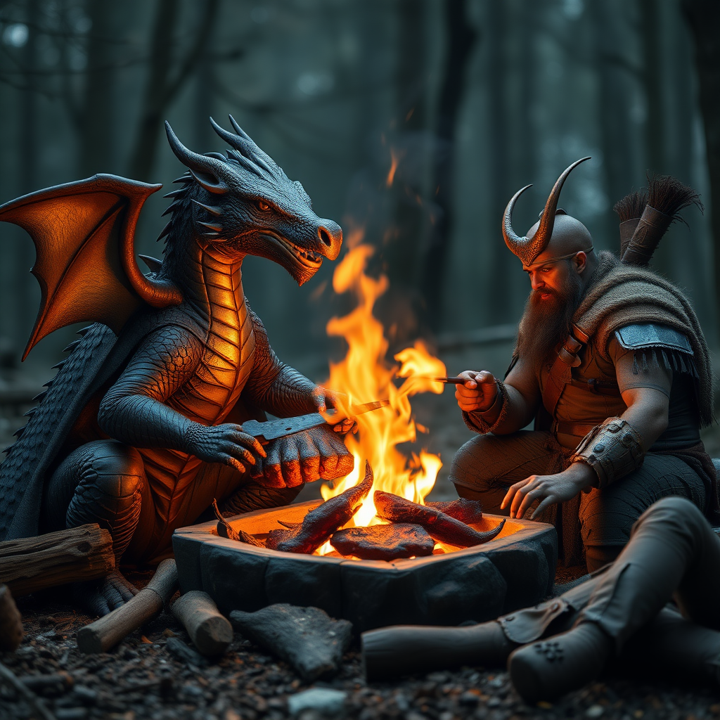 The Dragon and the warrior roast wild boar meat together at the campfire; the dragon breathes fire to roast the wild boar.