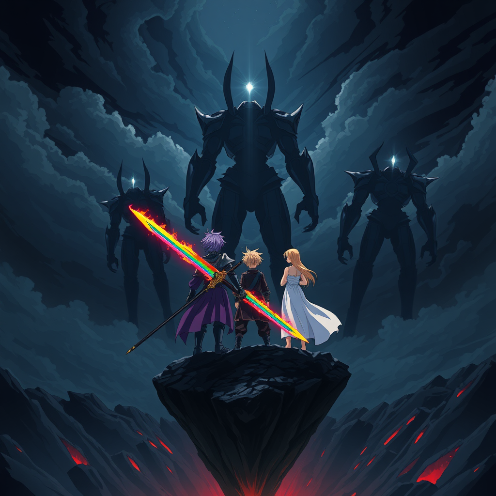 (Anime Style Pixel Art) An intense anime-style scene set against the backdrop of an apocalyptic world into darkness with the sky being darkness. The sky is dark and menacing, swirling with ominous clouds, while the ground below has shattered into a vast, bottomless abyss. Towering above the abyss stand three colossal humanoid figures, formed from pure darkness and shadow. Their bodies are void-like, with only a single large piercing white lens flare for an eye, glowing across their bodies. Two of the titans on each side are lanky, almost skeletal in their stick-figure-like appearance, while the center one is massive and grotesque, with two jagged horns protruding from its head, exuding an aura of raw power. These beings, the Void Titans, radiate malice as they approach.

In stark contrast, on a floating island amidst the destruction, stands a fearless teenage boy back side with striking purple hair, donned in gleaming purple-knight armor. His grip is firm on a magnificent rainbow-flaming sword, its vibrant flames reflecting his unwavering resolve. Beside him stands a serene young woman clad in flowing white robes, her golden hair shining like a beacon of hope, both of them poised to face the towering void-born entities as the world crumbles around them. 

This version emphasizes the action, contrast, and tension between the characters and the apocalyptic setting.