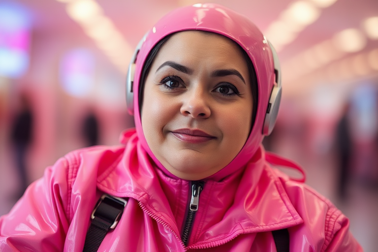 35 year old woman, fat face, pink pvc suit