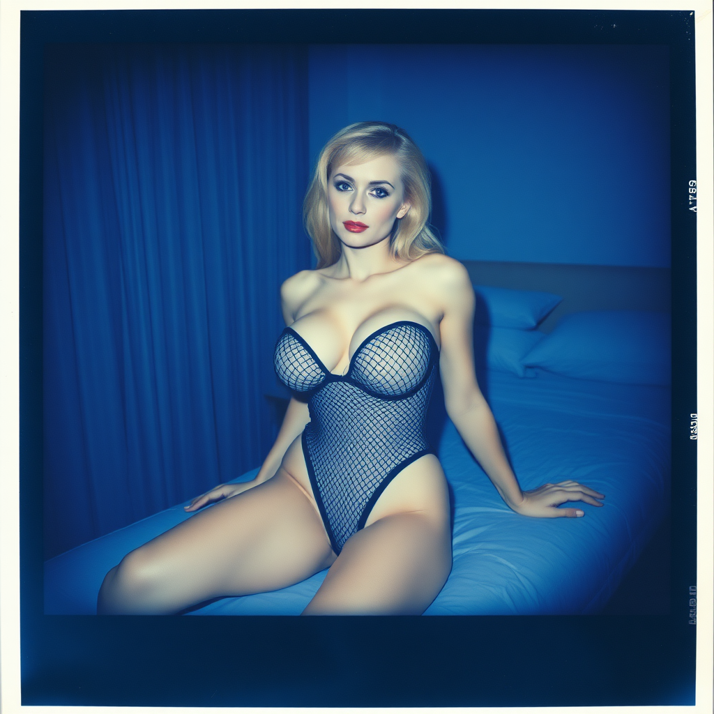 can of an old polaroid photo with heavy dark vignetting and a blue color tint to the photograph and visible light leaks. The photo depicts a sexy woman with pale skin and blonde hair. She has very very large breasts with ample cleavage and is wearing a black fishnet bodysuit. The image looks hazy and grungy. She is in hotel room. Dark lighting with camera flash used. Candid. She is leaning back on a chaise lounge with her knees spread apart.