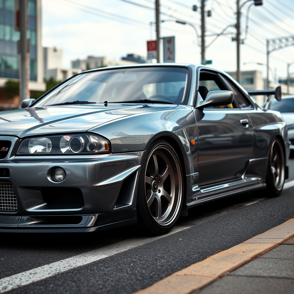 The car is parked on the side of the road, inspired by Taiyō Matsumoto, tumblr, restomod, nd4, c4 metallic shine gray black nissan skyline r34 tokyo arkaplan hatasız tam eksiksiz ayrıntılı genel gerçek detaylar en iyi fotoğraf poz sinematik hafif yağış su damlalar yansıma ıslak yol need for speed tarzı body kit