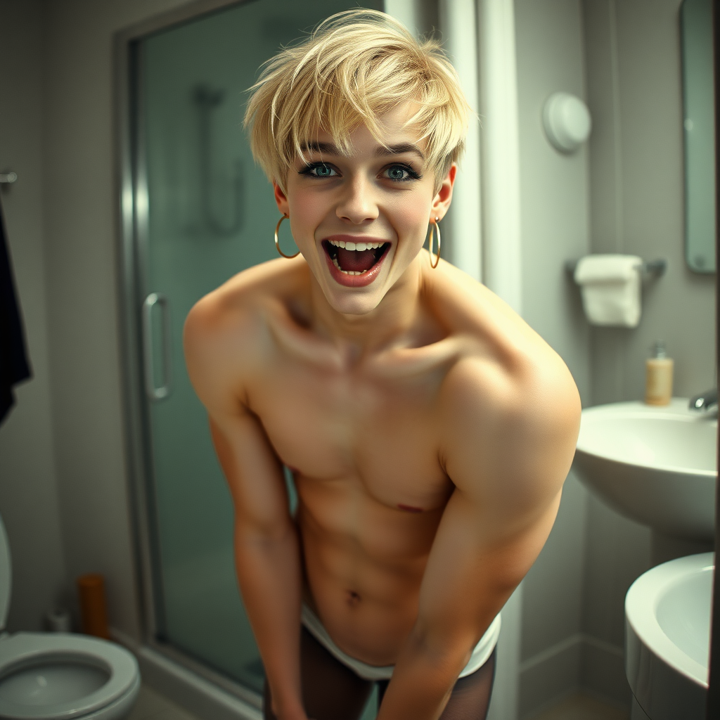 photorealistic, ultra high resolution, 16K, surreal fantasy, studio lighting, a pretty 16 year old goth boy, slim male physique, short blonde hair, goth makeup, earrings, pantyhose, white ballet shoes, in the bathroom, excited open mouth smile, facing the camera,