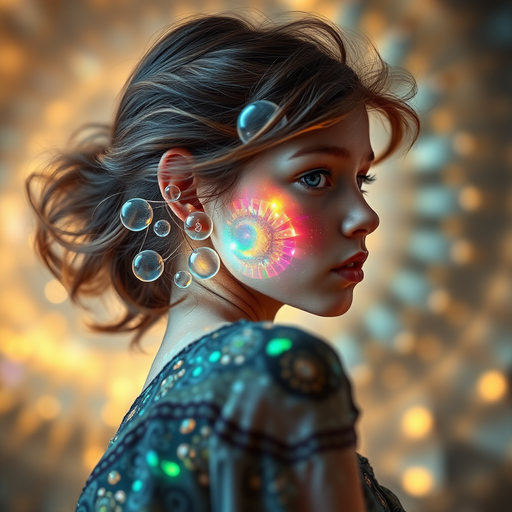 preteen girl in dynamic pose, in profile, abstract, mandelbulb fractal, ultra-detailed, dynamic composition, artistic photograph, fractal, brilliant colors, glittering, translucent, opal, gold, sharp focus, floral, mother of pearl, iridescent, natural, glowing, Bokeh