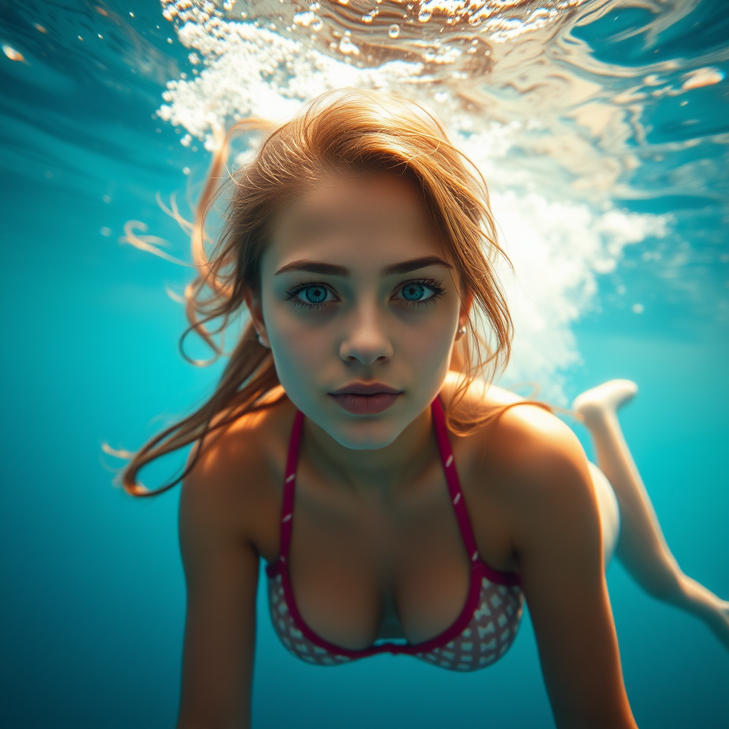 4k textures, cinematic light, RAW photo, photorealism, photorealistic, (photograph, photographic, photogenic, rule of thirds), (masterpiece, best quality, highest detailed), (photorealistic:1.2), raw photo, 4k, wallpaper, masterpiece, best quality, small bikini girl, Underwater scenery, Perfect face, perfect body, clear skin, Incredible detail, realism, Girl diving underwater, dreamy atmosphere,