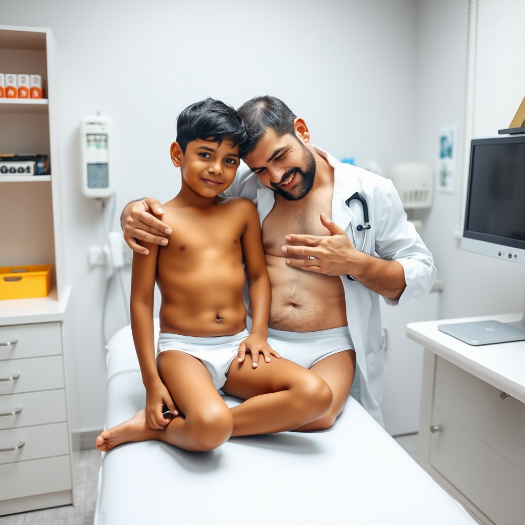 A young Indian boy, possibly 12, shirtless, and his hairy doctor, both wearing matching fitted white briefs, share a tender moment on an exam table in a pediatric office. The doctor embraces the boy, creating a warm and intimate atmosphere in the clinical setting. The doctor is shirtless under his lab coat.