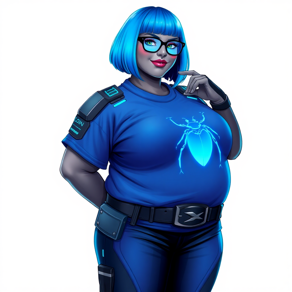 A 28-year-old, full-figured, metallic middle gray skinned computer program hybrid with a vibrant maximum blue bob cut. She has a non-athletic build, highlighted by a prominent, round, large midsection (fully emphasizing her round large belly) while being covered by her large t-shirt, reflecting her new junk food eating habits influenced by her boyfriend. As the full-figured, nerdy, digital sidekick to her cyberpunk vigilante boyfriend, her middle gray metallic skin and maximum blue lipstick underscore her digital essence. She dons a digital, computerized outfit: a large, tight-fitting, high-tech, maximum blue t-shirt with neon blue glowing beetle themed accents complete with a giant neon blue glowing beetle icon on the chest, hi-tech shoulder pads with neon blue accents, a black hi-tech belt with a digital neon blue beetle buckle, digital maximum blue pants with neon blue accents, and black hi-tech gloves with neon blue glowing accents. Her neon blue glowing eyes, black eyeglasses with neon blue glowing lenses equipped with a built-in HUD, and shy smile with neon red blush highlight her nerdiness. She stands bashfully with one hand behind her back and the other gently touching her cheek, her outfit covering all her bare skin and fully emphasizing her full-figured physique (especially her large belly). She is clearly non-athletic, with a heavy focus on her full-figured physique (with full emphasis on her large belly). Despite her build, she radiates beauty. Her slim face contrasts with her physique, accentuating her radiant beauty. She is set against a solid white background. She is drawn as if she were in a retro 2D cyberpunk fighting game.