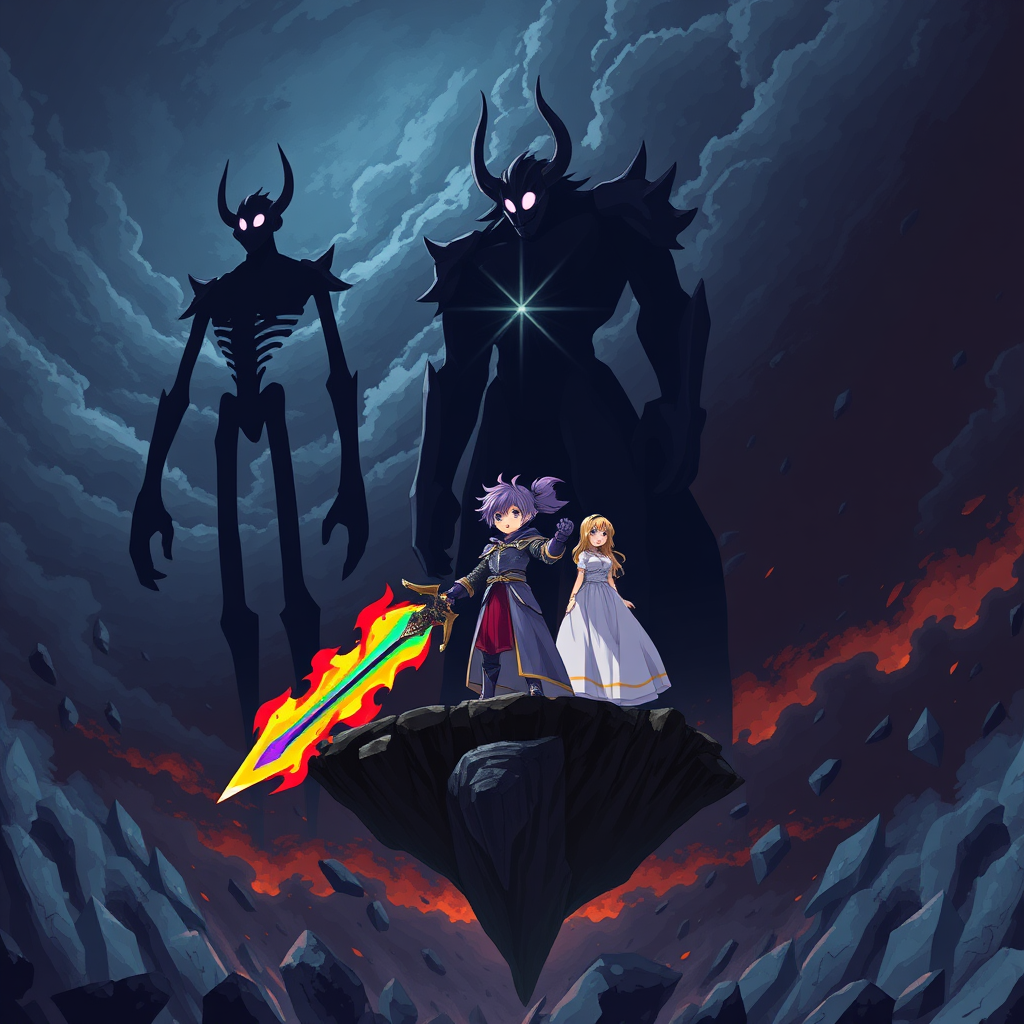 (Anime Style Pixel Art) An intense anime-style scene set against the backdrop of an apocalyptic world collapsing into chaos with the sky being darkness. The sky is dark and menacing, swirling with ominous clouds, while the ground below has shattered into a vast, bottomless abyss. Towering above the abyss stand three colossal humanoid figures, formed from pure darkness and shadow. Their bodies are void-like, with only a single large piercing white lens flare for an eye, glowing across their bodies. Two of the titans on each side are lanky, almost skeletal in their stick-figure-like appearance, while the center one is massive and grotesque, with two jagged horns protruding from its head, exuding an aura of raw power. These beings, the Void Titans, radiate malice as they approach.

In stark contrast, on a floating island amidst the destruction, stands a fearless teenage boy with striking purple hair, donned in gleaming purple-knight armor. His grip is firm on a magnificent rainbow-flaming sword, its vibrant flames reflecting his unwavering resolve. Beside him stands a serene young woman clad in flowing white robes, her golden hair shining like a beacon of hope, both of them poised to face the towering void-born entities as the world crumbles around them.