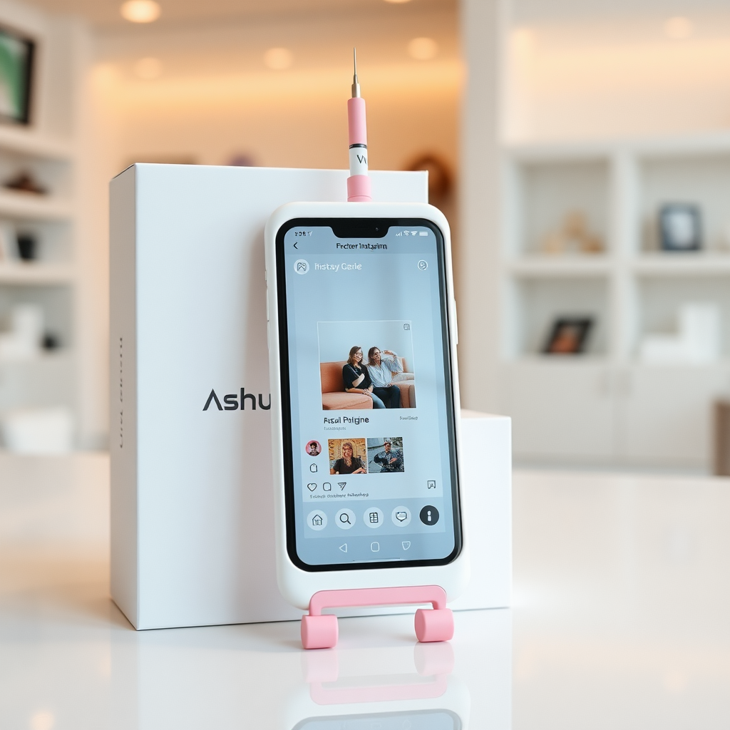 A close-up straight front view of a mobile phone in the shape inspired by a syringe, white pink futuristic, kept for sale leaning to a box with text Ashu and minimal design, in a showroom, touchscreen phone with Instagram page open on screen, needle on top, whitepunk.