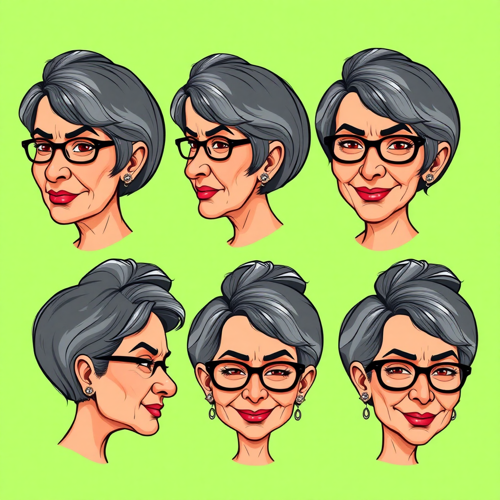 Photorealistic image of six headshots of a 50 Years old, European, Latina, sharp aquiline nose, wrinkles, high cheekbones, Middle Eastern, Skinny, Tanned skin, Dark light skin, full Makeup, jewelry, Sharp nose, frowning, exaggerated cartoon expression, lascivious smile, dark grey Ash hair, short bowl haircut, Brown eye color, half closed eyes, round Glasses, with detailed features. Each photo displays the same face in back, profile and front view, cut out and isolated on a green background. All six heads are visible side by side, empty space around each view, no overlapping. 2D, caricature, cartoon, Sketch lines, coloring book style, well composed, clean coloring book page, No dither, no gradient, strong outline, vector illustration