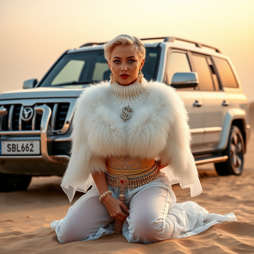 Kuwait desert dunes misty dawn, full size luxury SUV: Melissa, European 17 years old very convincing femboy “trophy-bimbo”, tamed servile docile, very beautiful feminine flawless face, rather short, by hormones very curvaceous womanly figured, platinum blond short tight curls, bold red lips, heavily made-up face, wearing Supertanya-style fluffy very fuzzy bright white angora turtleneck-poncho cropped ending under bust decorated with pearls and gemstones, striking oriental wide gold bridal protection belt, white fully transparent harem pants, full Oriental bridal jewelry with striking headpiece, full Oriental face-jewelry, striking diamond “$$$” letter brooch on left chest, pout frustrated, hands tied behind back, kneeling in sand in front of SUV, looking at camera. Focus on face and turtleneck-poncho. Standing behind leaning against SUV: older overweight mighty sheik laughing taking pictures with mobile phone.