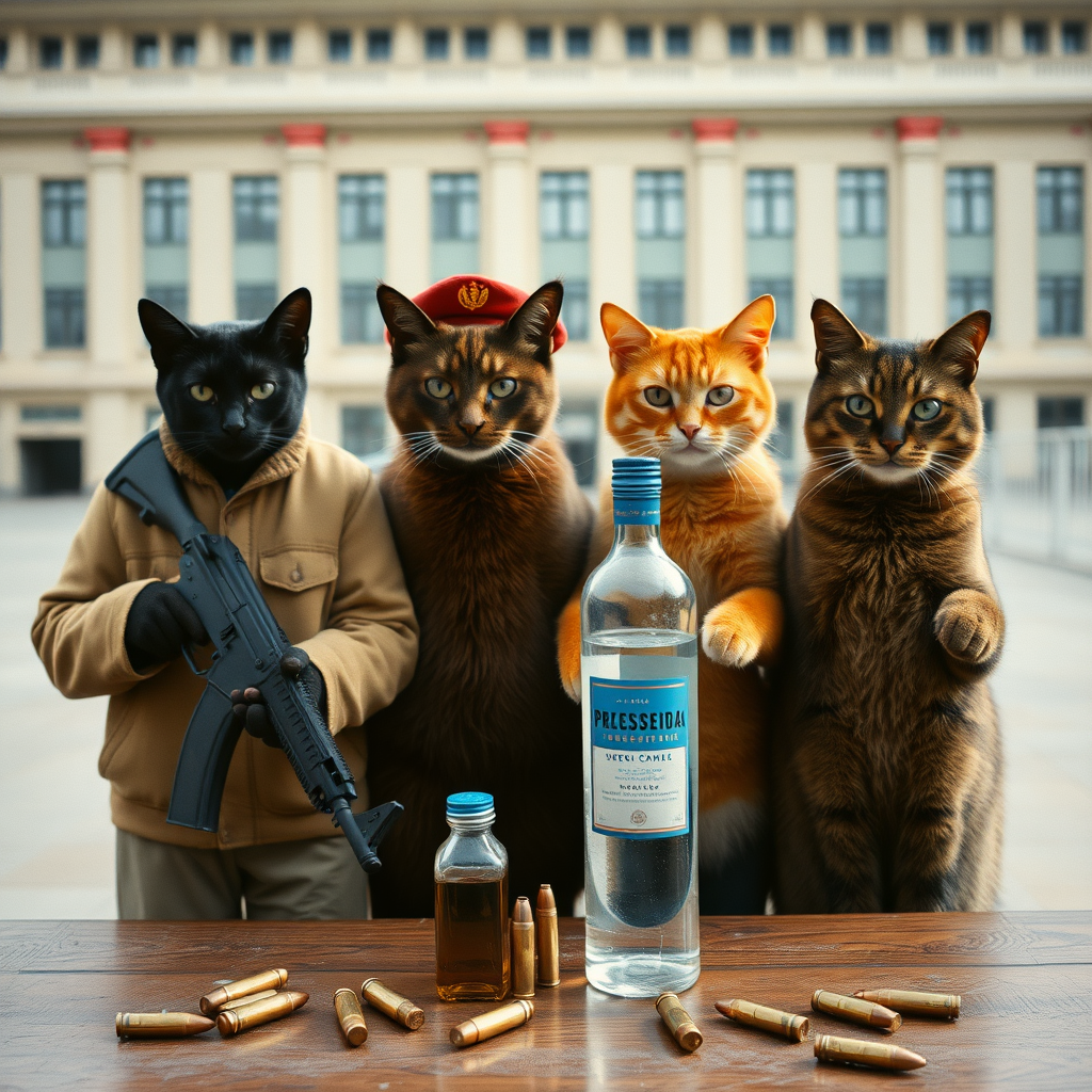 4 cat-men not looking at the camera, in a large square, a dark-skinned man holding an AK-47, an orange one with a Russian military cap, a dark brown one and a light brown one, USSR communists with vodka, behind a table with bullet casings on it (film photo style)