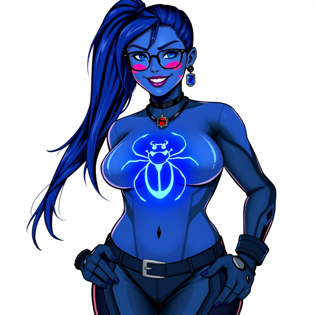 A cyberpunk vigilante’s full-figure computer program hybrid 28-year-old digital sidekick and loyal girlfriend. She has a long 5PB (Maximum Blue) ponytail and 5PB (Maximum Blue) skin that blends with her outfit appearing to merge together into computer data. She wears maximum blue lipstick, blue eyes, a sapphire beetle gemstone necklace, sapphire earrings, black eyeglasses, and a digital, computerized, 5PB (Maximum Blue) bodysuit featuring a neon blue glowing chest icon of a scarab beetle that accentuates her prominent, round, gargantuan midsection. She sports a beaming smile with a neon red blush. She serves as his minicomputer operating in his hi-tech wristwatch and supercar's onboard computer using her ability to hack into machines and computer to relay vital mission information. The background is solid white. She is drawn as if she was in a retro 2D cyberpunk fighting game. Her midsection is bloated to emphasize her full-figured physique.