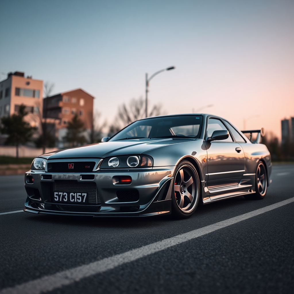 The car is parked on the side of the road, inspired by Taiyō Matsumoto, tumblr, restomod, nd4, c4 metallic shine gray black nissan skyline r34 tokyo gece cosplay kadınlar arkaplan hatasız tam eksiksiz ayrıntılı genel gerçek detaylar