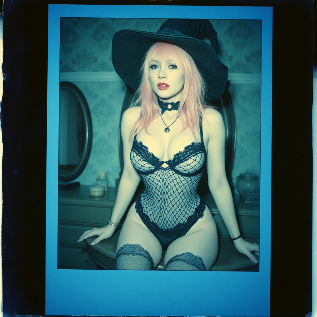 can of an old polaroid photo with heavy dark vignetting and a blue color tint to the photograph and visible light leaks. The photo depicts a sexy alt goth girl with pale skin and pink hair. She has large breasts with ample cleavage and is wearing a black fishnet bodysuit. She is wearing a witch hat. The image looks hazy and grungy. She is in an old house with wallpaper on the walls. Dark lighting with camera flash used. Candid. she is wearing a black lace thong. She is sitting on a builtin vanity with a mirror with her knees spread apart.