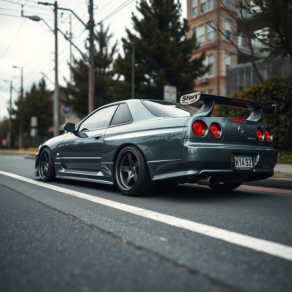 the car is parked on the side of the road, inspired by Taiyō Matsumoto, tumblr, restomod, nd4, c4 metallic shine nissan skyline r34 kalabalik tokyo gece arkaplan