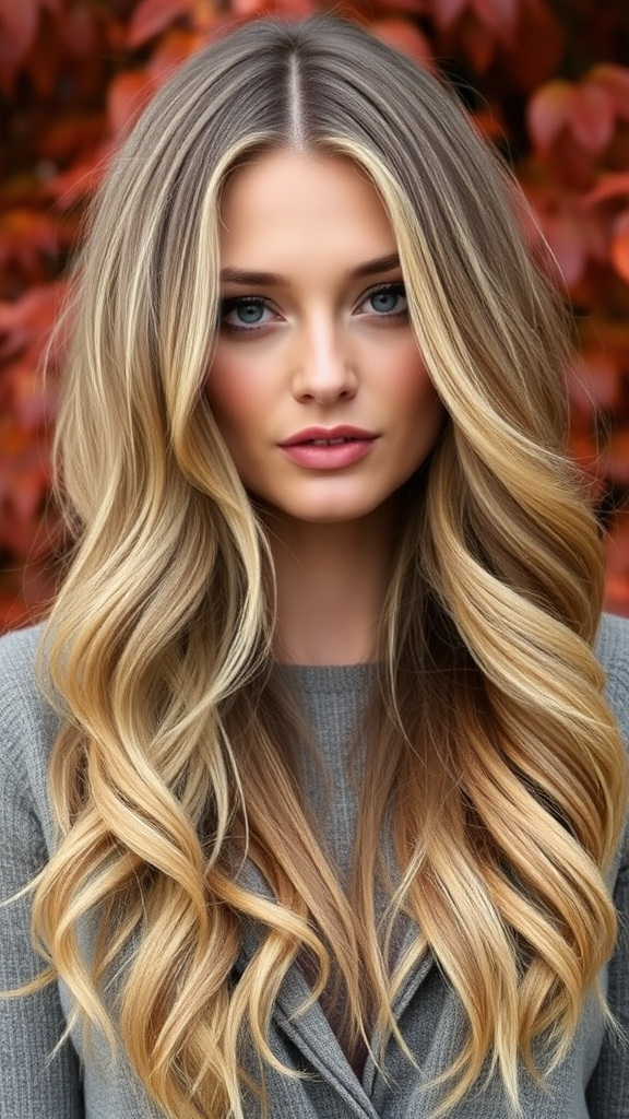 Miranda Kerr with long wavy hair, ash-blonde color with highlights, set against a backdrop of autumn chestnut foliage, in high definition.