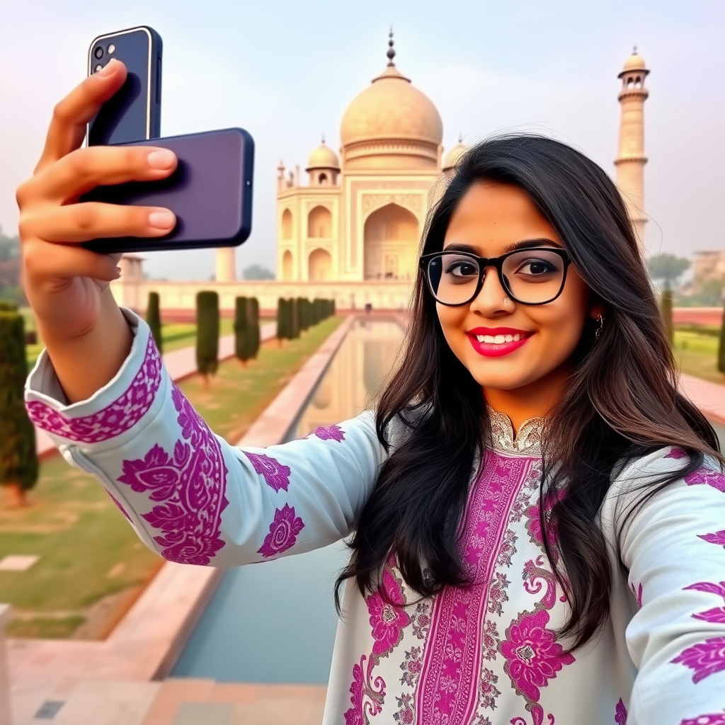 A 20 year old model in kurti taking a selfie in front of Taj Mahal, in blue and violet.