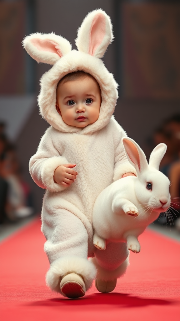 A cute small chubby fair baby big eyes pink lips pink cheeks wearing a furry cozzy white rabbit costume doing rampwalk in a fashion show walking with a real white big rabbit holding in hands cinematic