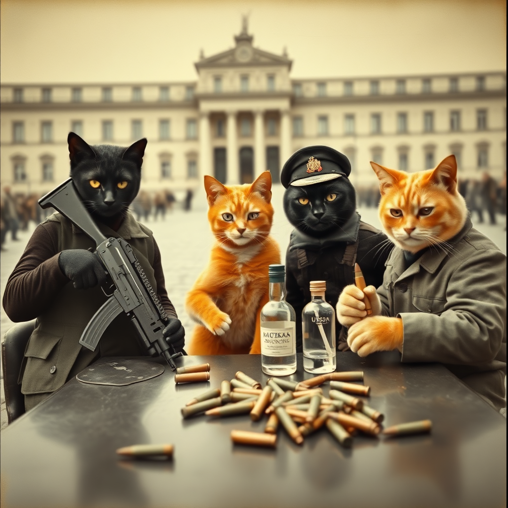 4 serious cat-men in a large square, a dark-skinned one holding an AK-47, an orange one wearing a Russian military cap, a dark brown one and a light brown one, USSR communists with vodka, around a table with bullet casings on it, in the style of an old black and white photo.