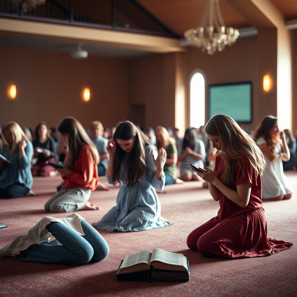 A banner with an image of several women kneeling on the ground praying in an evangelical church. Each one has a Bible next to her, digital art style, ultra detailed, cinematic lights, high quality, 8K