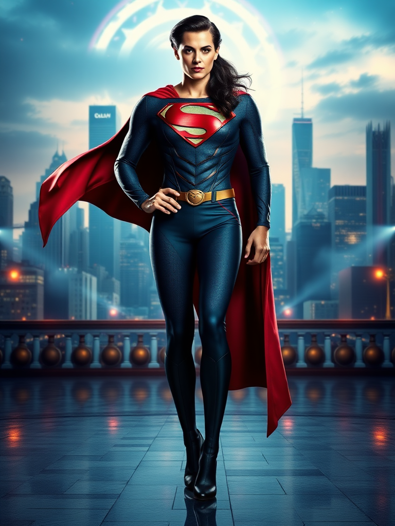 Create a full-length image of Superman with the female body type of Zatanna. Position the character standing confidently with a blend of Superman's iconic costume and Zatanna's elegant style. The background should be a fusion of Metropolis's skyline and a mystical stage, reflecting both superhero and magical elements. Ensure the setting complements the character's powerful yet enchanting presence, maintaining vibrant colors and dynamic lighting.