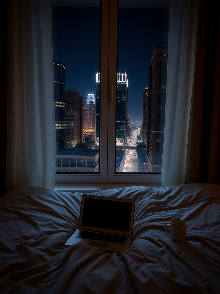 Window, bed, laptop, cup, night, no light, tall buildings, dim light, real, reality