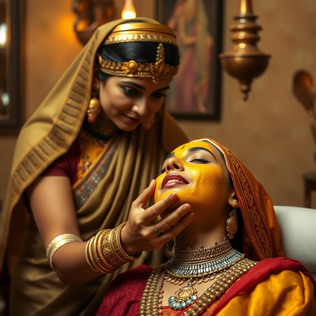 young cleopatra, working in beauty parlour, giving turmeric facial to rich, traditional indian wife