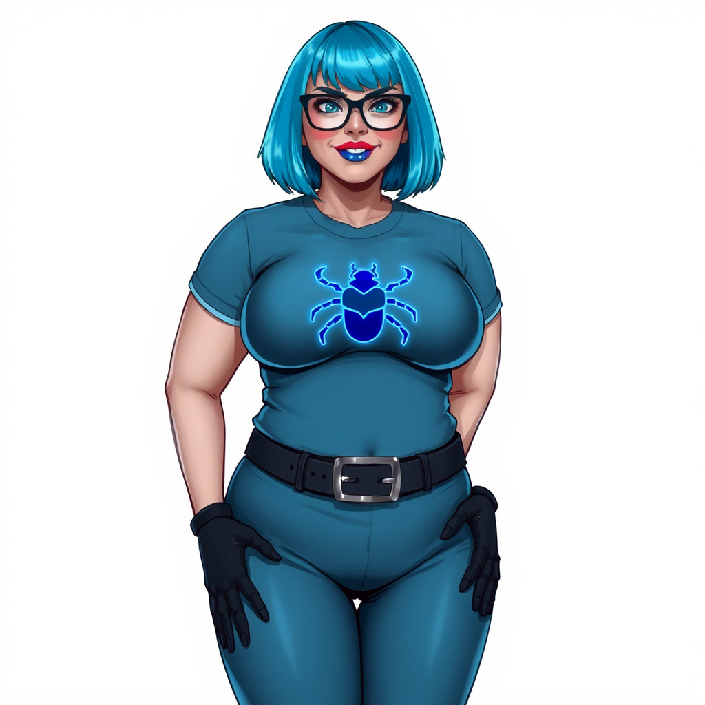 A 28-year-old, full-figured, middle gray metallic-skinned computer program-human hybrid with a maximum blue bob cut. She has a non-athletic build, highlighted by a prominent, round, large midsection (with a full emphasis on her belly). As a digital sidekick, computer hacker, and nerdy girlfriend to her cyberpunk vigilante boyfriend, her middle gray metallic skin and maximum blue lipstick emphasize her digital nature. She wears a tight-fitting, maximum blue t-shirt with a neon blue beetle chest icon, a black belt with a sapphire scarab buckle, and black gloves. Her bright blue eyes, black eyeglasses, and lovestruck smile with neon red blush accentuate her nerdiness. She stands bashfully with her hands behind her back, her bodysuit covering all her skin and emphasizing her full-figured, non-athletic physique. She is on a solid white background. She is drawn as if she was in a retro 2D cyberpunk fighting game. She is clearly non-athletic, with emphasis on her full-figured and pudgy physique. Ensure her shirt covers her midsection (especially her large belly).