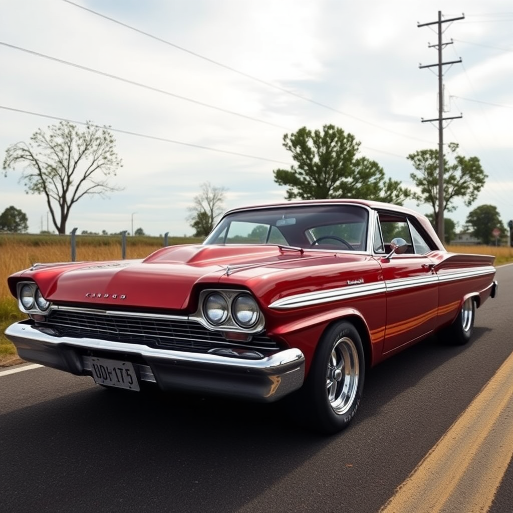 The drag car is parked on the side of the road, inspired by Taiyō Matsumoto, tumblr, restomod, nd4, c4 metallic shine candy red classic American low rider custom Ford.