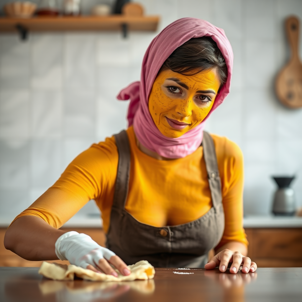 slim, 30 year old, sexy, french maid, pink scarf head, turmeric face pack. She is cleaning a table with a cloth