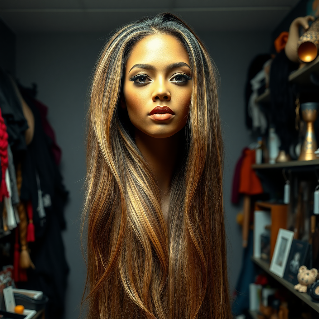 In a well lit, eccentric long hair fetish store, a strikingly unique and surreal display draws attention: the real live, flesh-and-blood disembodied head of a stunning woman reminiscent of Beyoncé, her long, flowing hair cascading like a silky waterfall around her neck. The luxurious strands shimmer with intricate highlights, ranging from deep ebony to sun-kissed gold, accentuating her perfectly sculpted features. Her captivating, dark eyes glisten with an enigmatic allure, expressing an uncanny mix of grace and mischief. 

The background is a plain, muted gray, contrasting sharply with the vibrant beauty of the head and her extravagant hair, allowing viewers to fully focus on the astonishing sight. 

The shop’s interior is cluttered yet inviting, filled with an array of hair-related items: designed to celebrate the beauty and allure of very long hair.