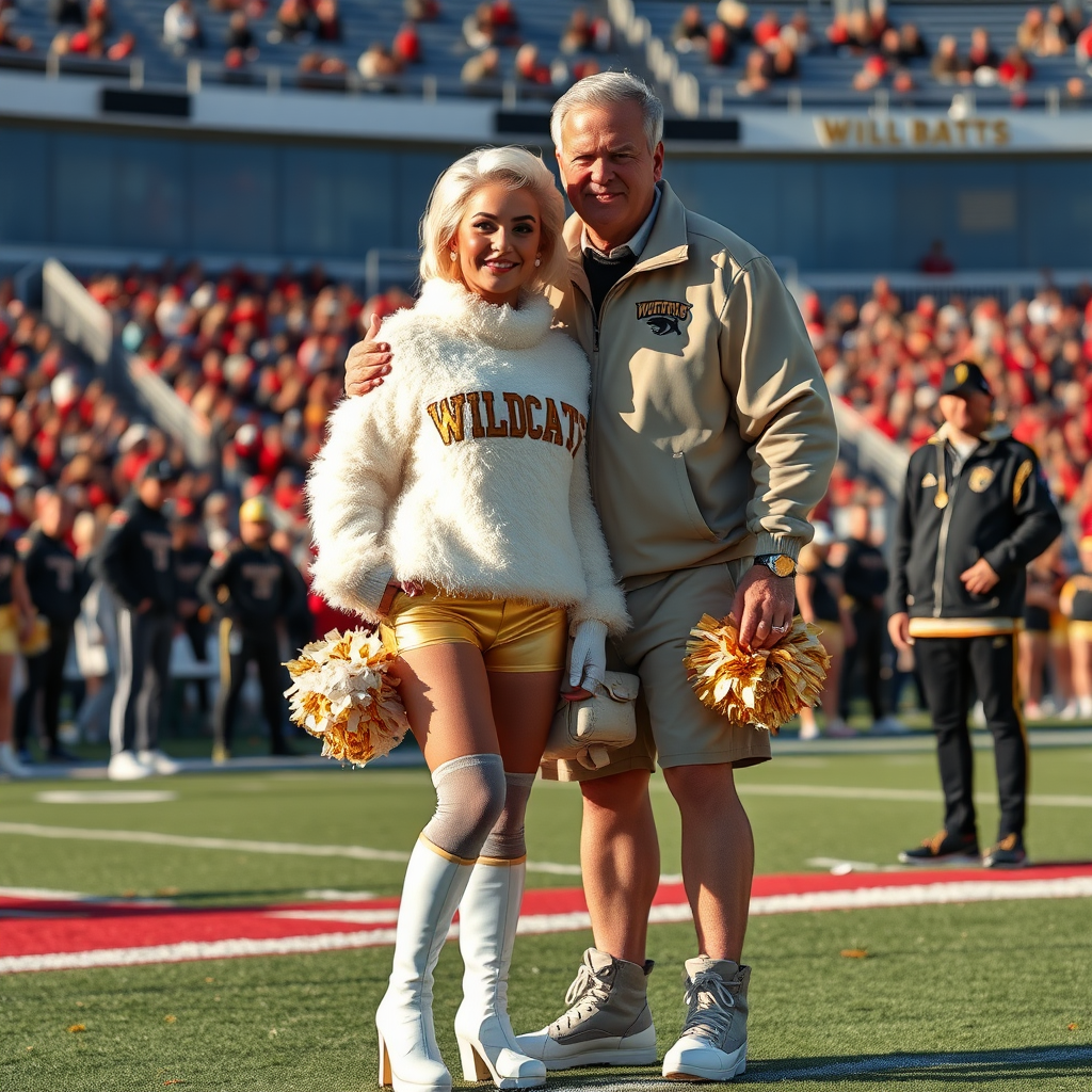 Sunny cold fall noon, college football stadium game, cheerleaders leader squat: Ana, European 17 years old very convincing femboy “QB’s trophy-bimbo”, tamed servile docile, very beautiful feminine flawless face, rather short boyish figure, platinum blond short tight curls, bold red lips, heavily made-up face, fluffy very fuzzy bright white plushy hazy thick angora turtleneck-sweater with “gold “WILDCATS” letters, vinyl gold short shorts, mesh pantyhose, white vinyl thigh-high boots with golden heels, large gold-white pompoms, pearl earrings, standing, shoulders slightly arched back to present her assets, posing for photo with Hank: older tall overweight male football coach, wearing college football coach outfit, triumphant smile, nimbly patting Ana. Jealously watching from behind: very angry wildcat’s QB.