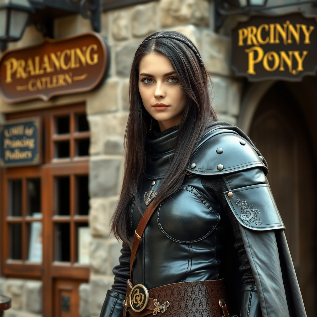 beautiful young woman, dark hair past her shoulders, blue eyes, small, slim figure, wearing full leather armor suit, long cloak, standing next to medieval tavern with sign: "Prancing Pony".