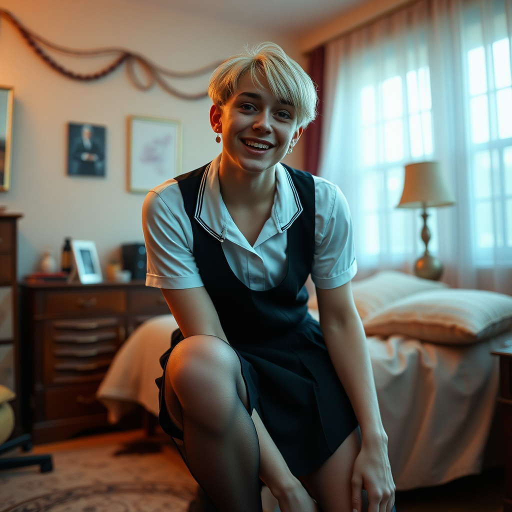 photorealistic, ultra high resolution, 16K, surreal fantasy, soft studio lighting, a pretty 16 year old goth male, slim male physique, short blonde hair, goth makeup, earrings, sheer pantyhose, UK girls-school uniform, Mary-Jane shoes, in the bedroom - , excited smile, facing the camera.