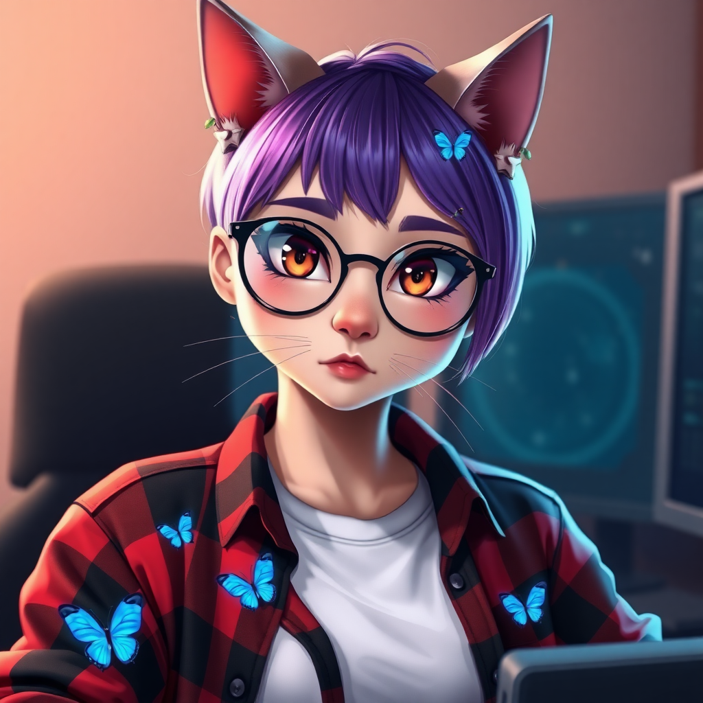 female cat-man with flat chest serious chestnut color with small blue butterflies on her head, a round face, with a purple UNDERCUT hairstyle, hazel eyes, dimples, wearing semi-round glasses, a red and black plaid shirt open with a white t-shirt, in front of a gaming PC, in digital art